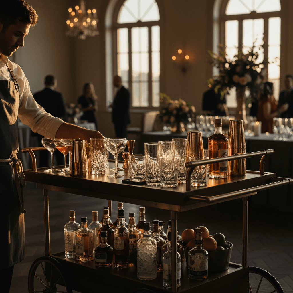 Professional mobile bar setup with tools and glassware at an event