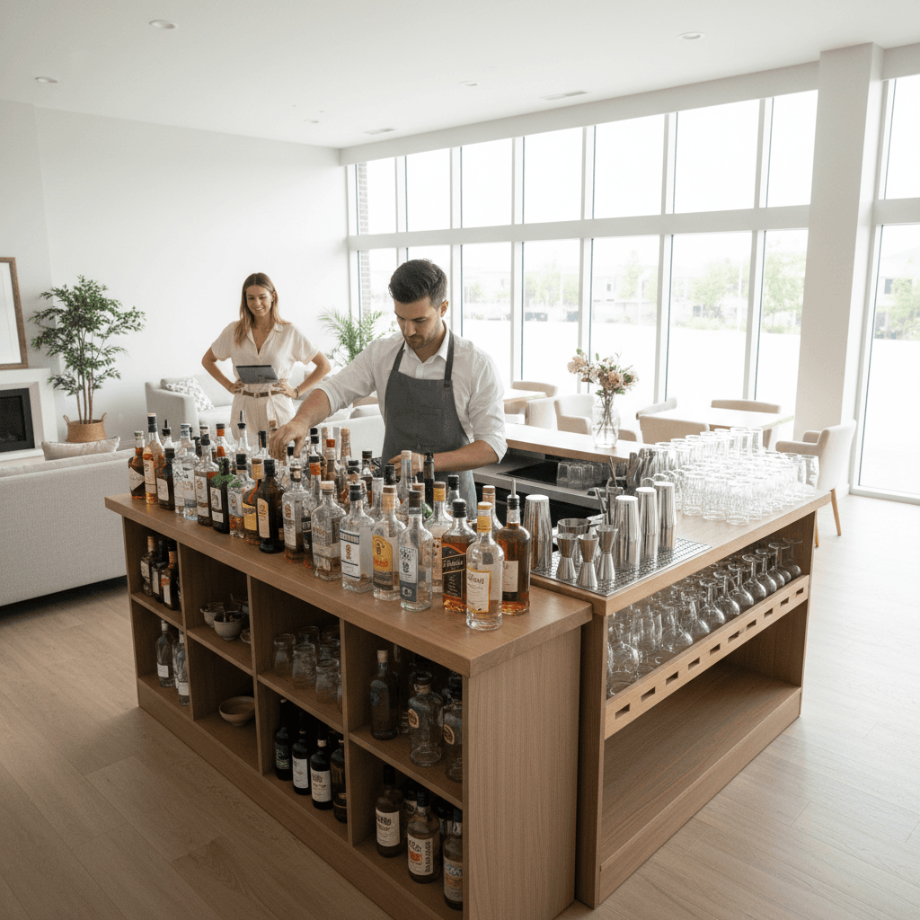 Bartender arranging client-sourced spirits during dry-hire bar setup